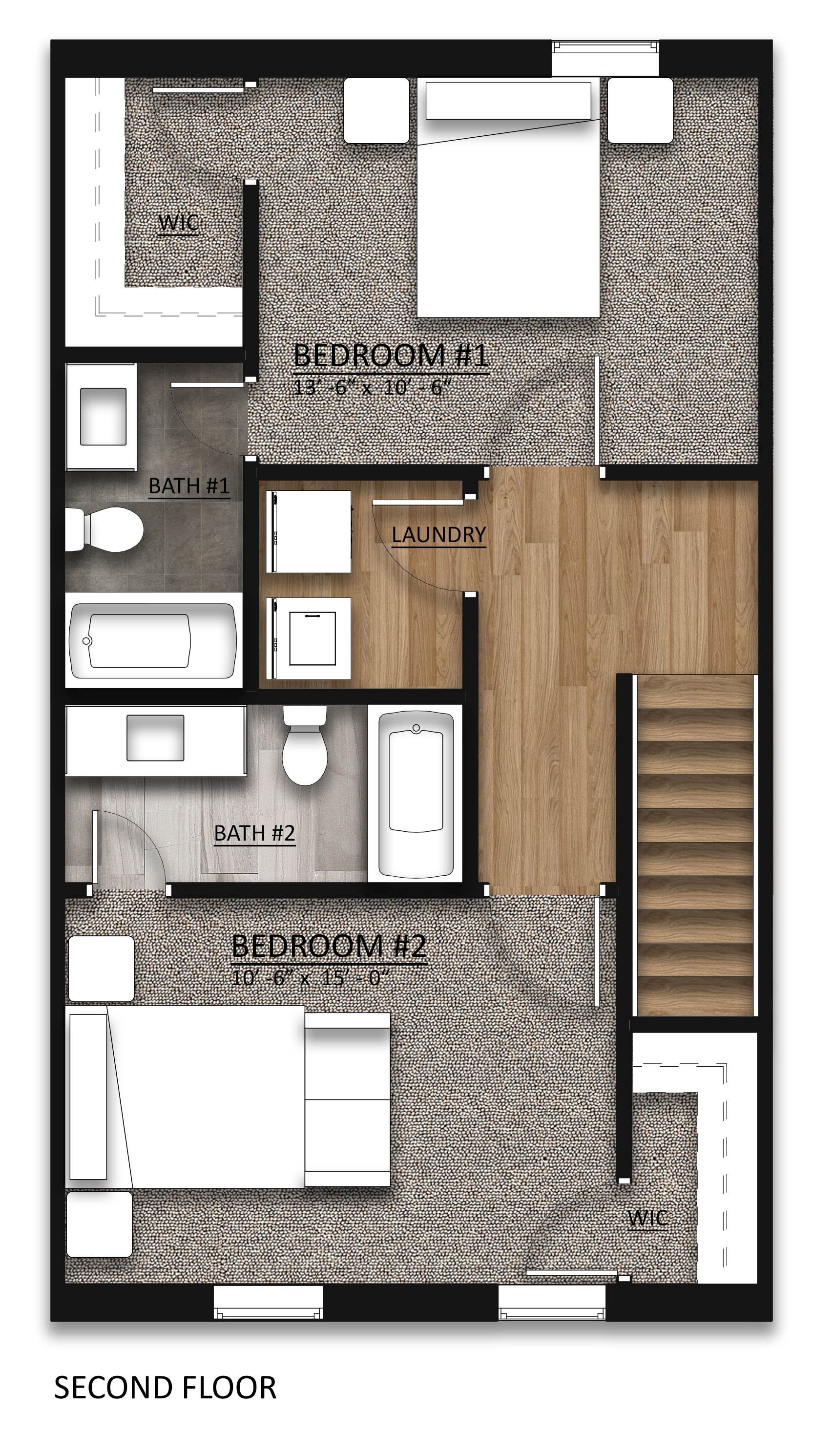 A floor plan of a second floor showing two bedrooms, a bathroom, and a laundry area.